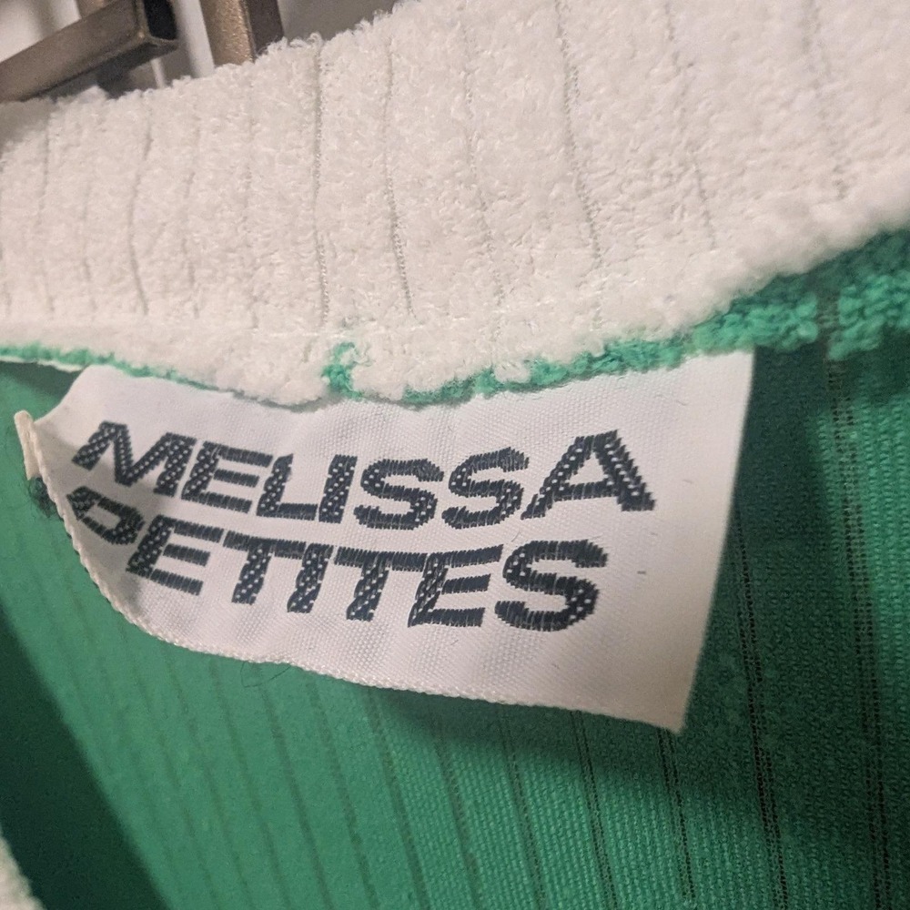 Vtg Midi Dress Green White Trim Terry Cloth Ribbed V-Neck Measures SP Retro - Picture 6 of 6
